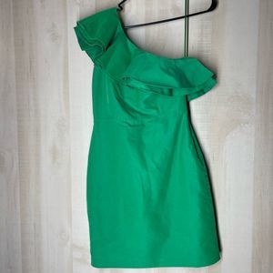 J. Crew green one shoulder above the knee dress ruffle neckline, size 2